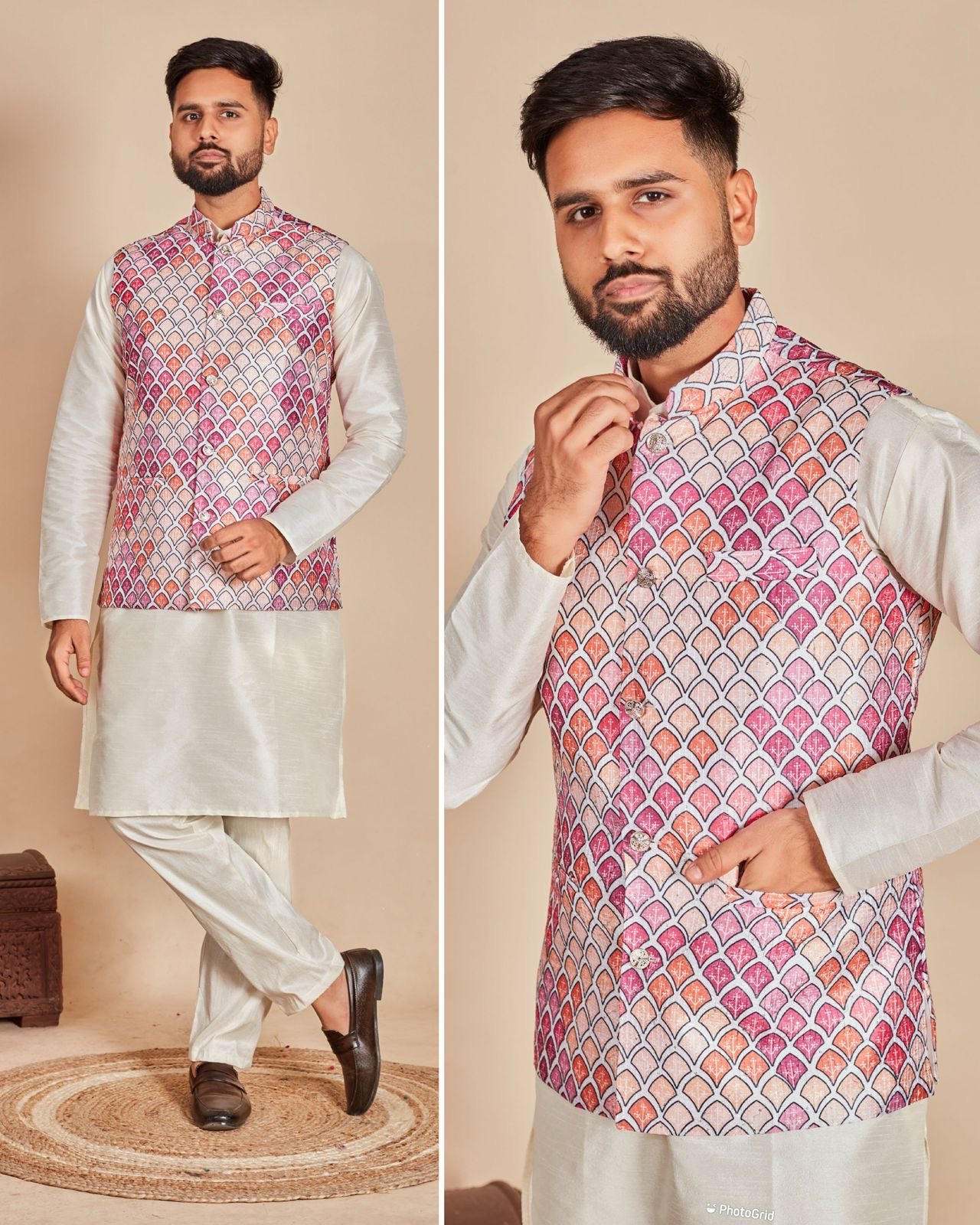 Pink Jacket Koti Kurta For Men