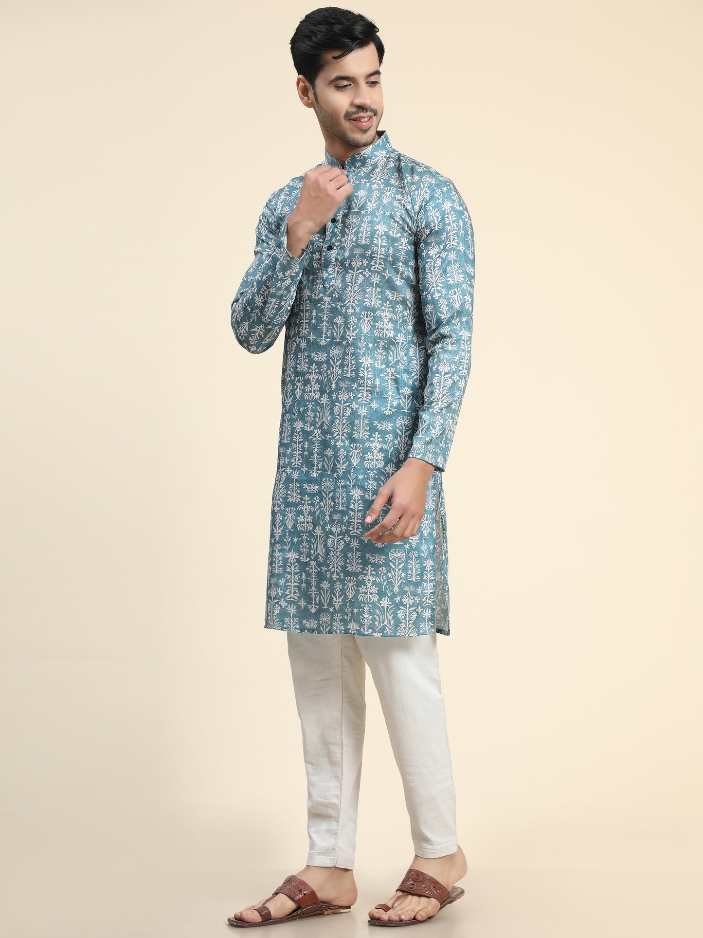 Rama blue Digital Printed Kurta Pajama for Men
