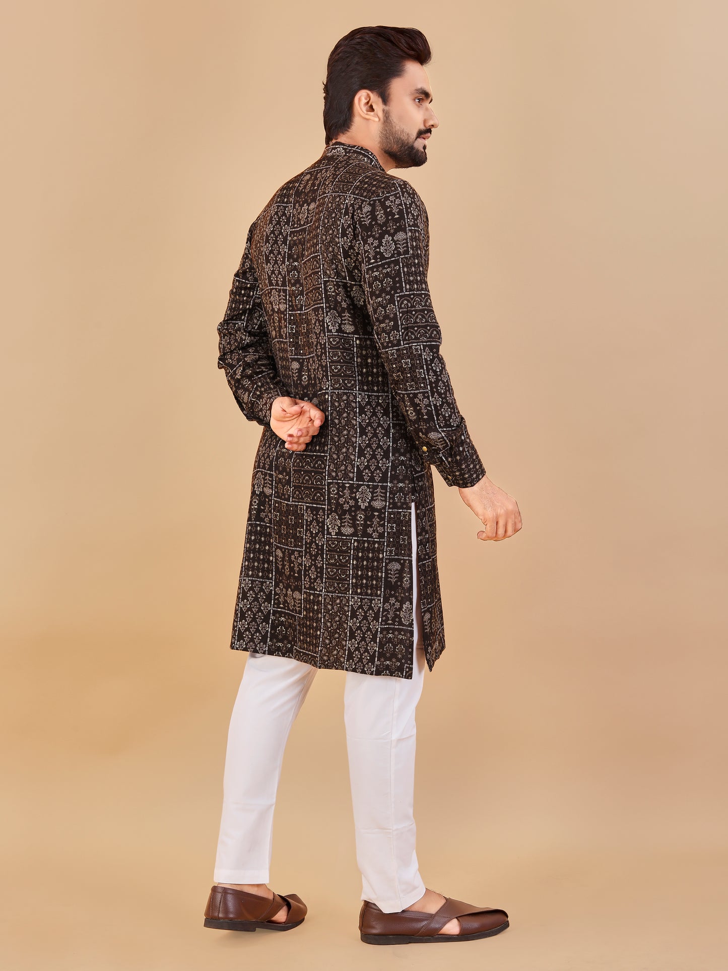 Manzar Brown Cotton Foil Printed Kurta Pajama for Men