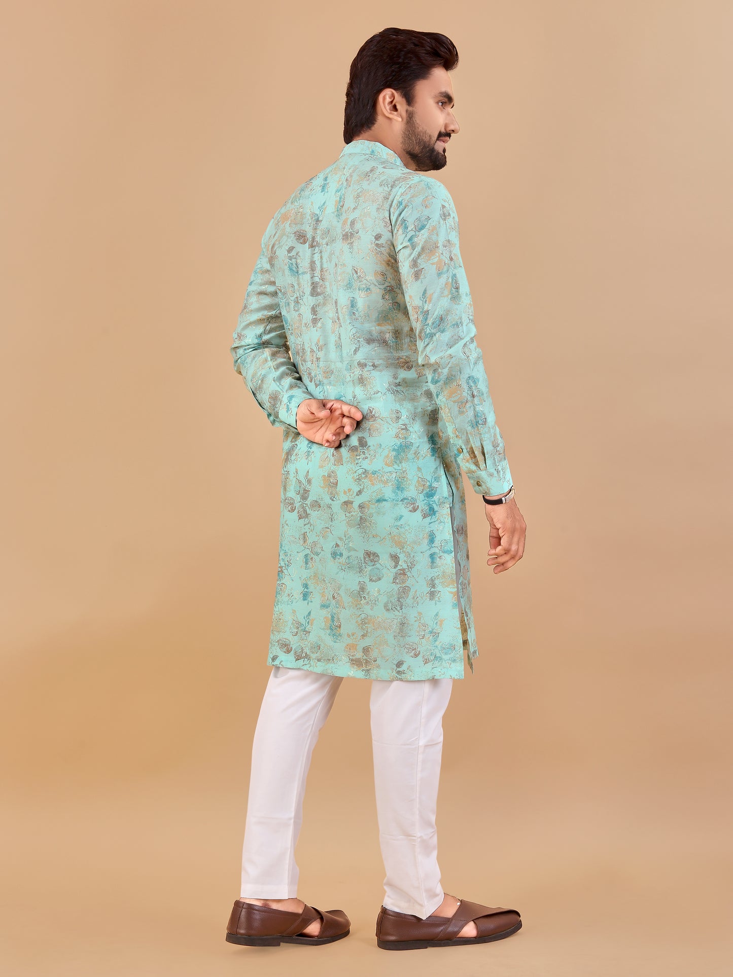 Manzar Blue Cotton Foil Printed Kurta Pyjama for Men
