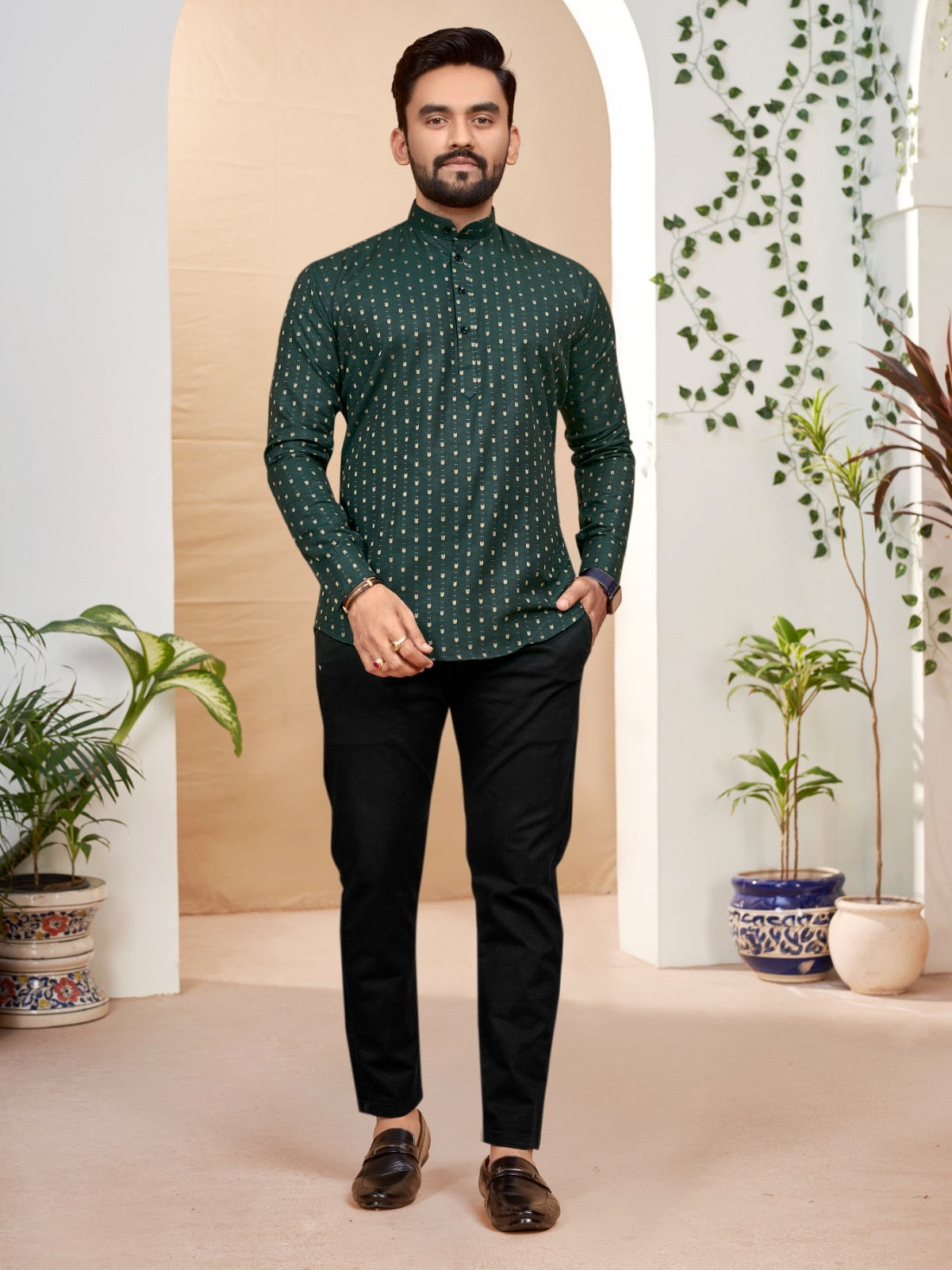 Green Color Cotton Short Kurta Shirt For Men
