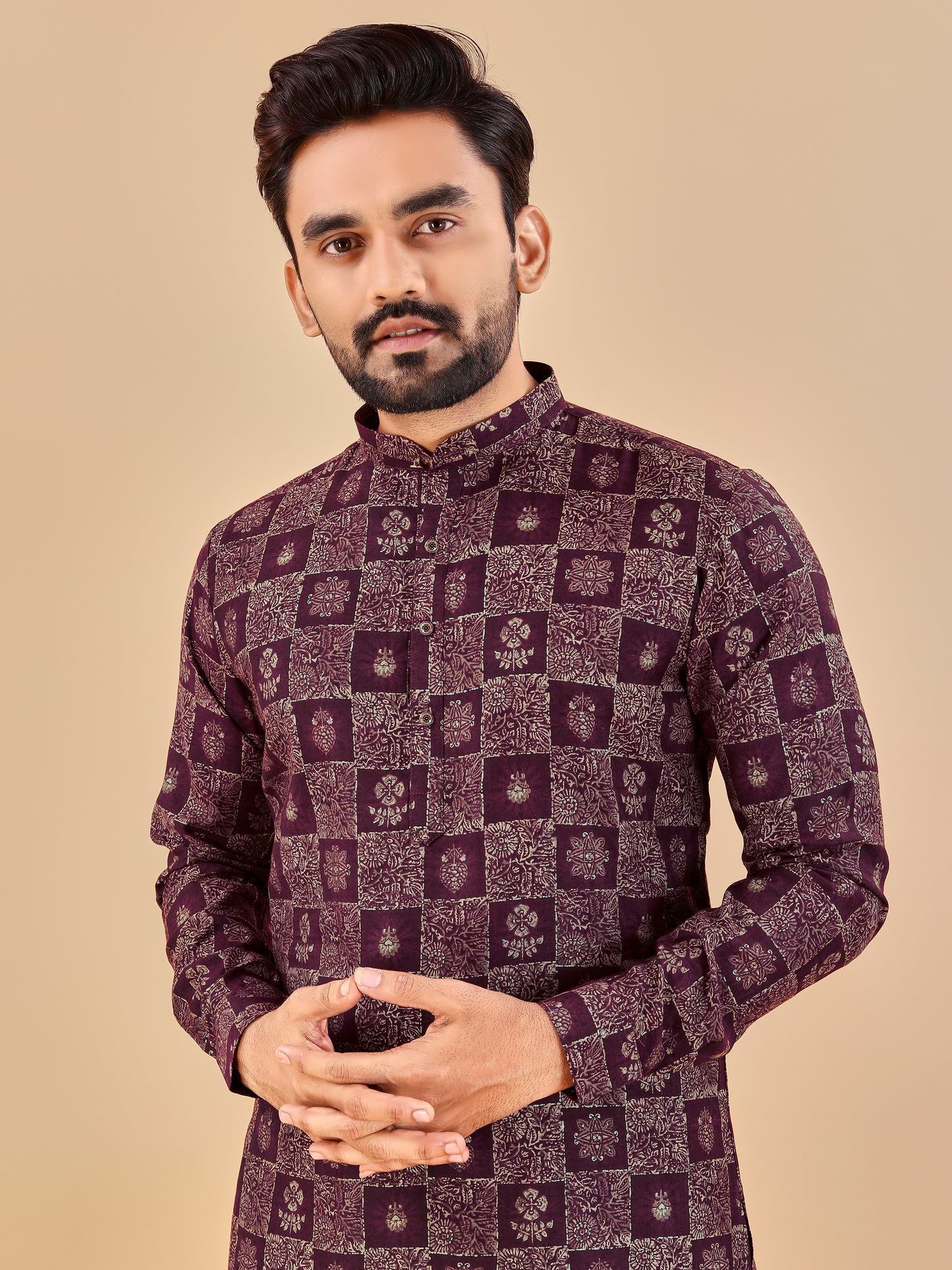Manzar Wine Cotton Foil Printed Kurta Pyjama for Men
