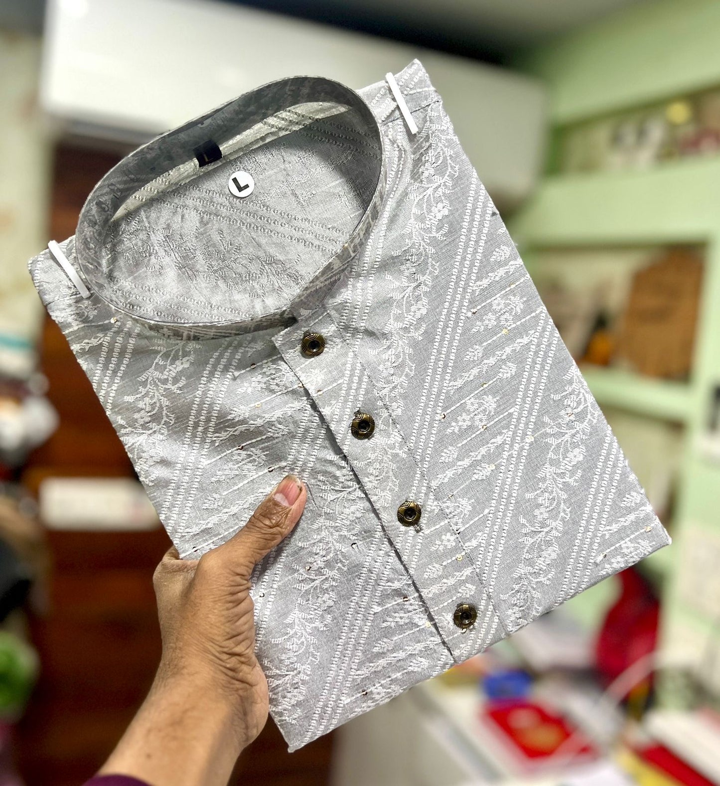 Grey Leheriya Sequence Work Kurta pyjama for Men