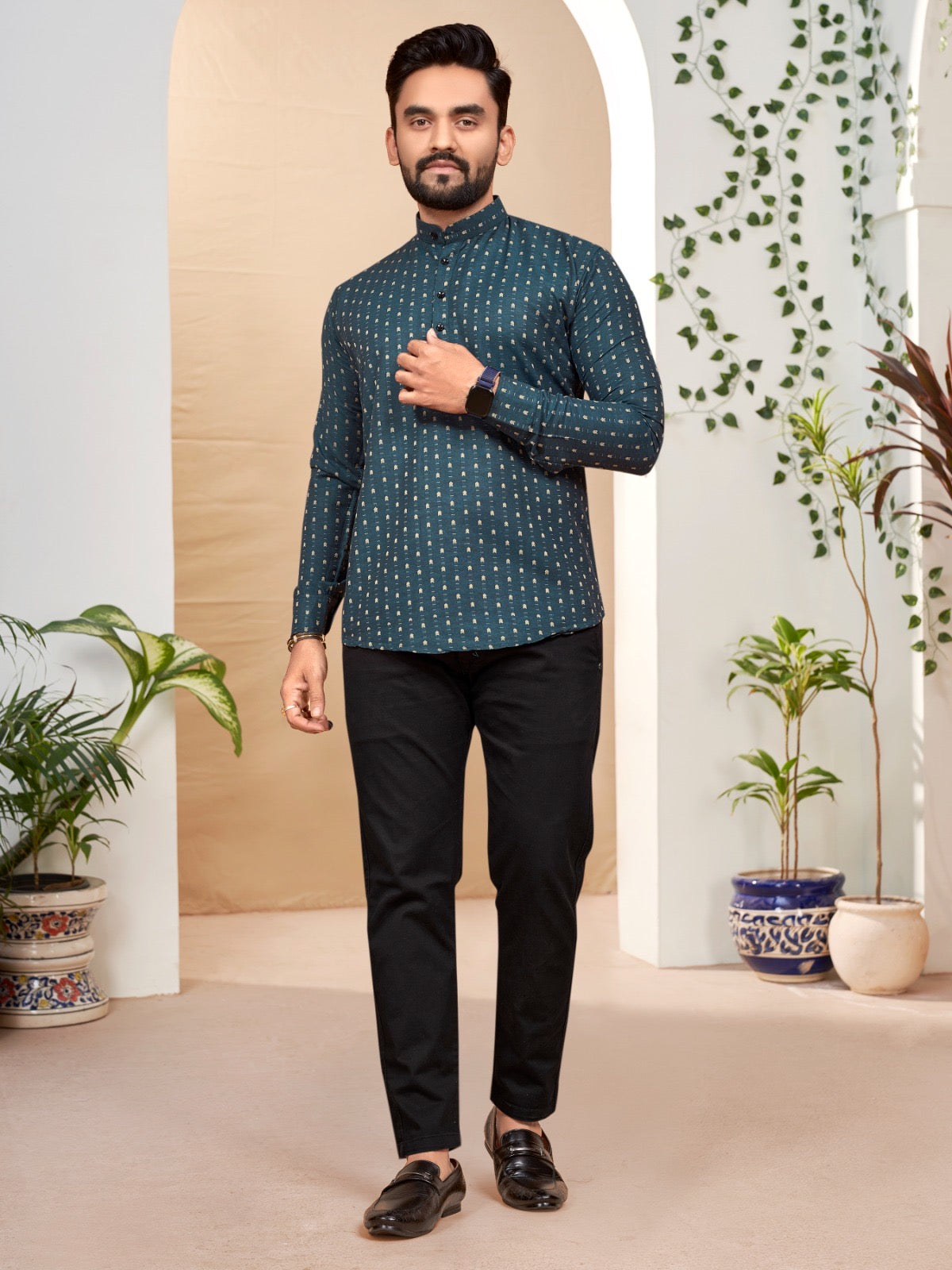 Rama Color Cotton Short Kurta Shirt For Men