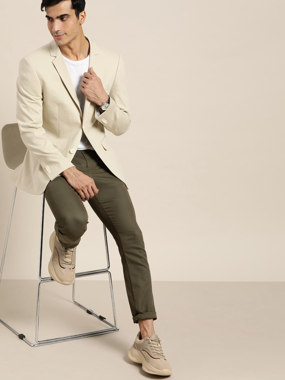Men Grey Cream Coloured Solid Single Breasted Slim fit Smart Casual Blazer