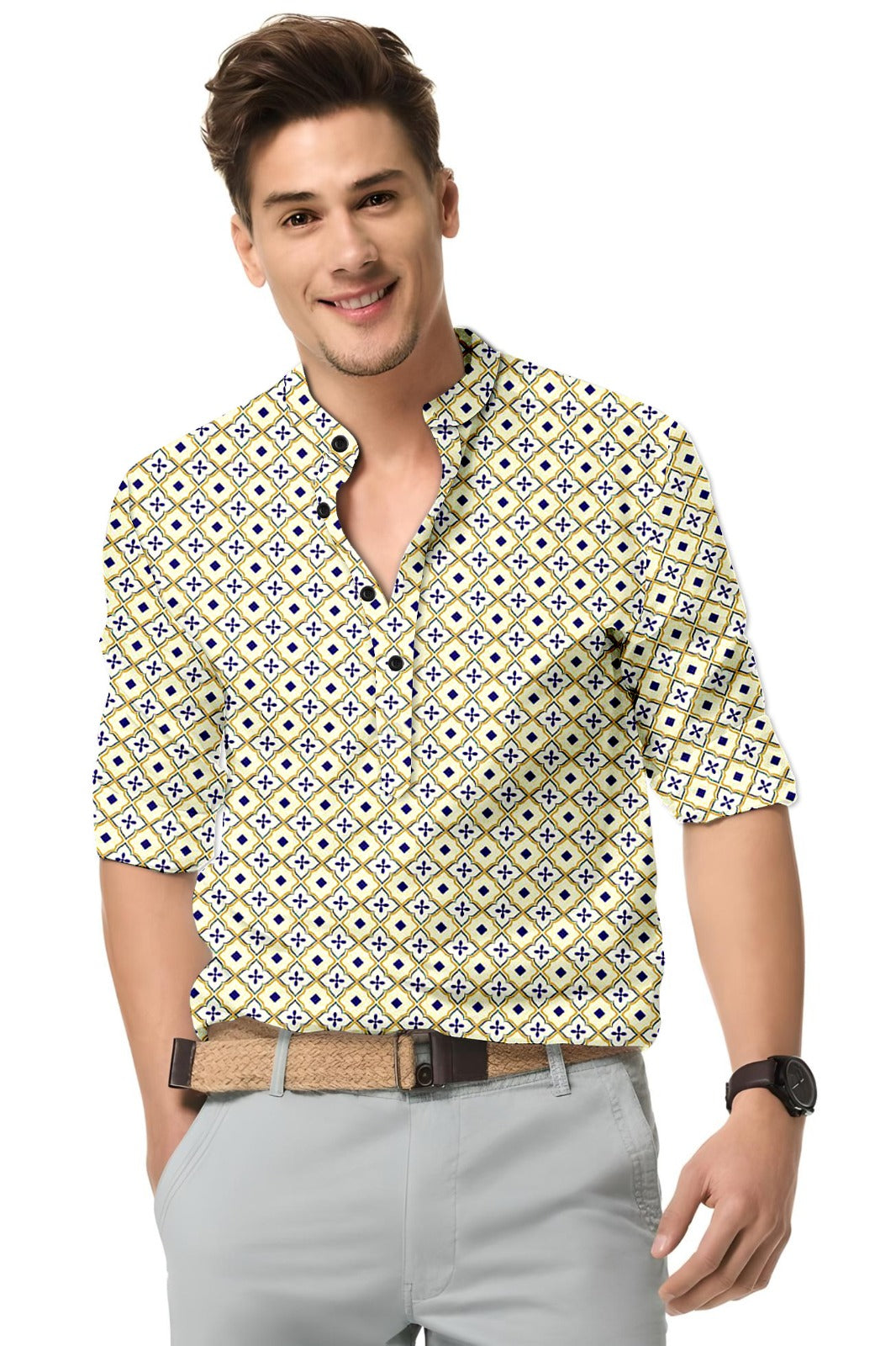 Yellow Printed Short Kurta
