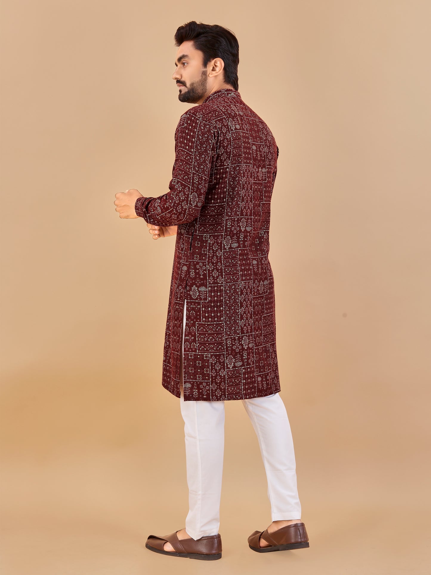 Manzar Maroon Cotton Foil Printed Kurta Pajama for Men