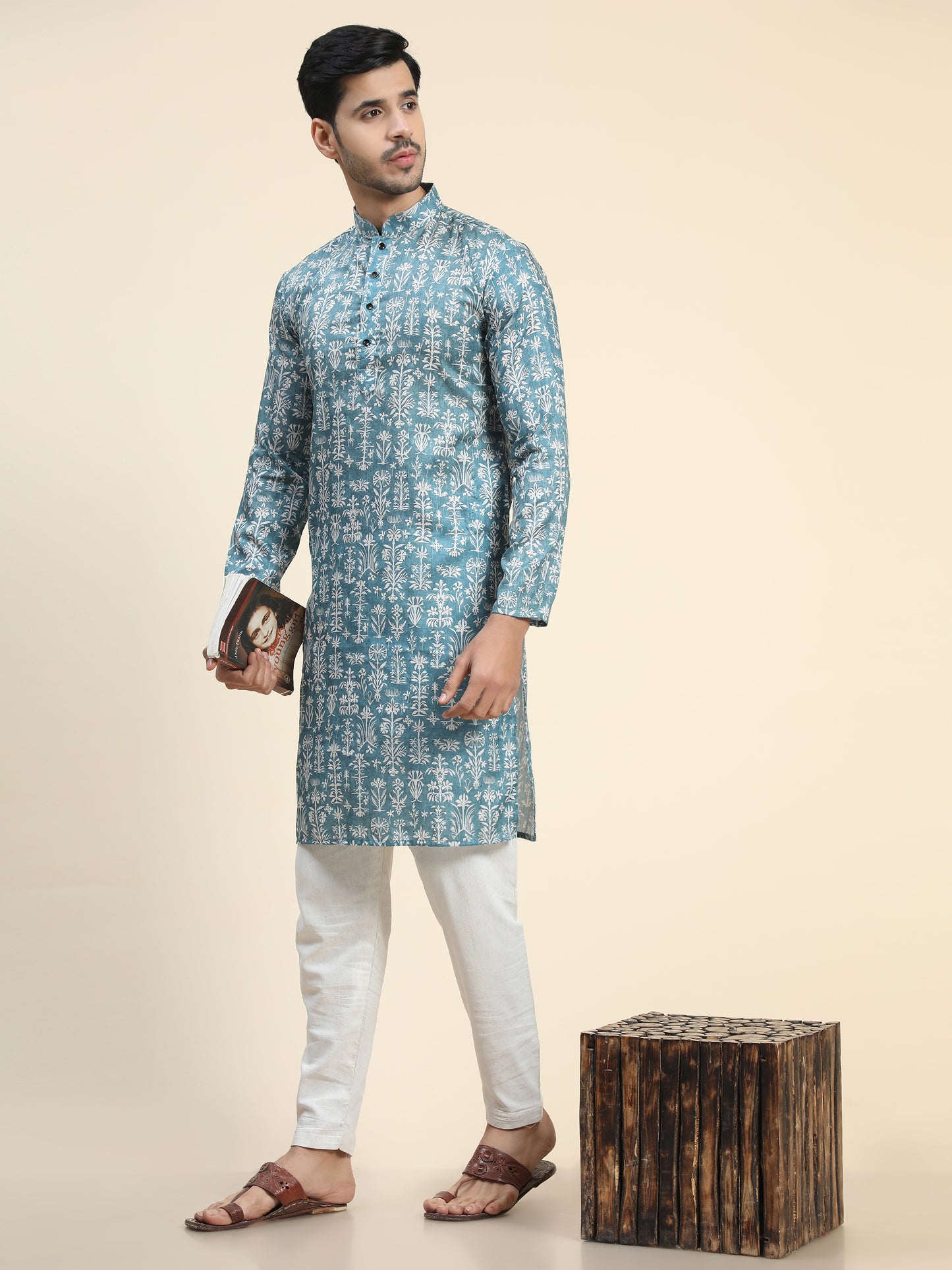Rama blue Digital Printed Kurta Pajama for Men