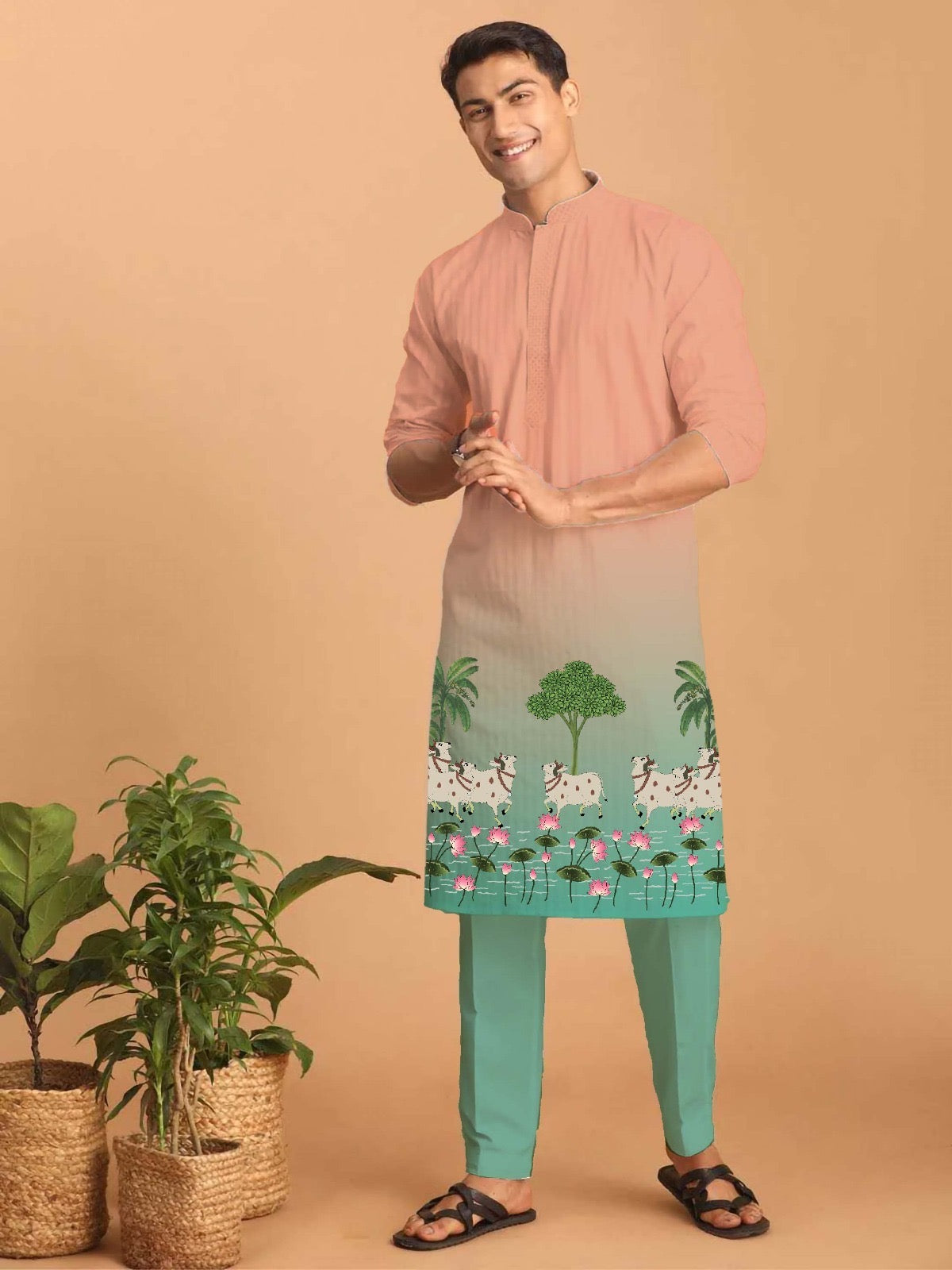 Reyon Silk Digital Print Kurta For Men