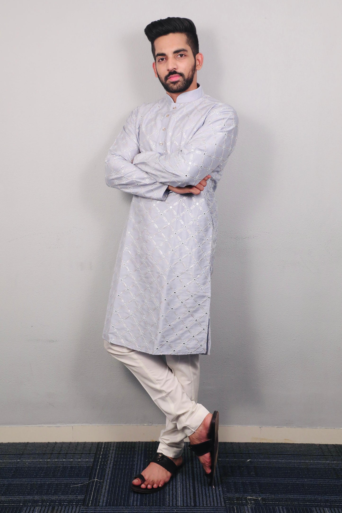 Sequins Mirror Embroidery Work Kurta Pajama for Men