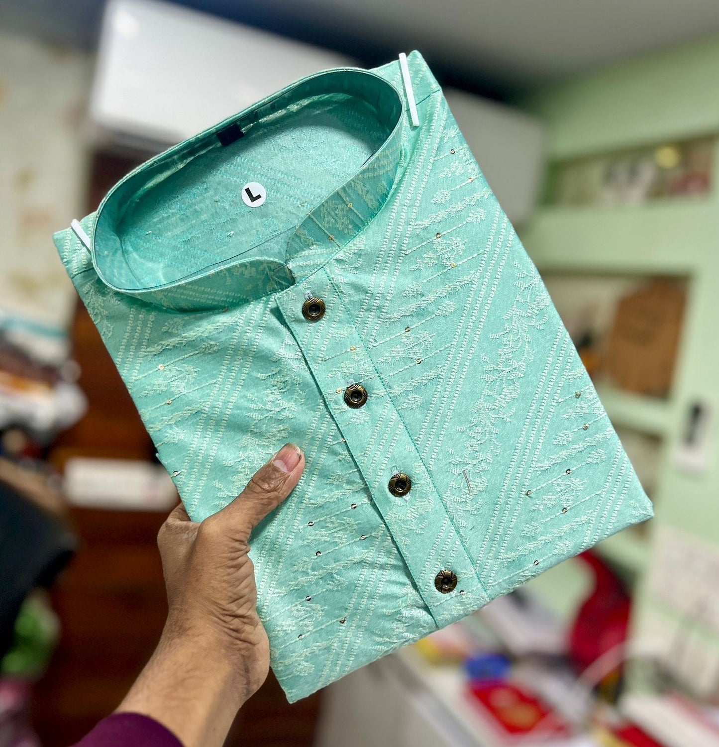 Sea Green Leheriya Sequence Work Kurta Pyjama for Men