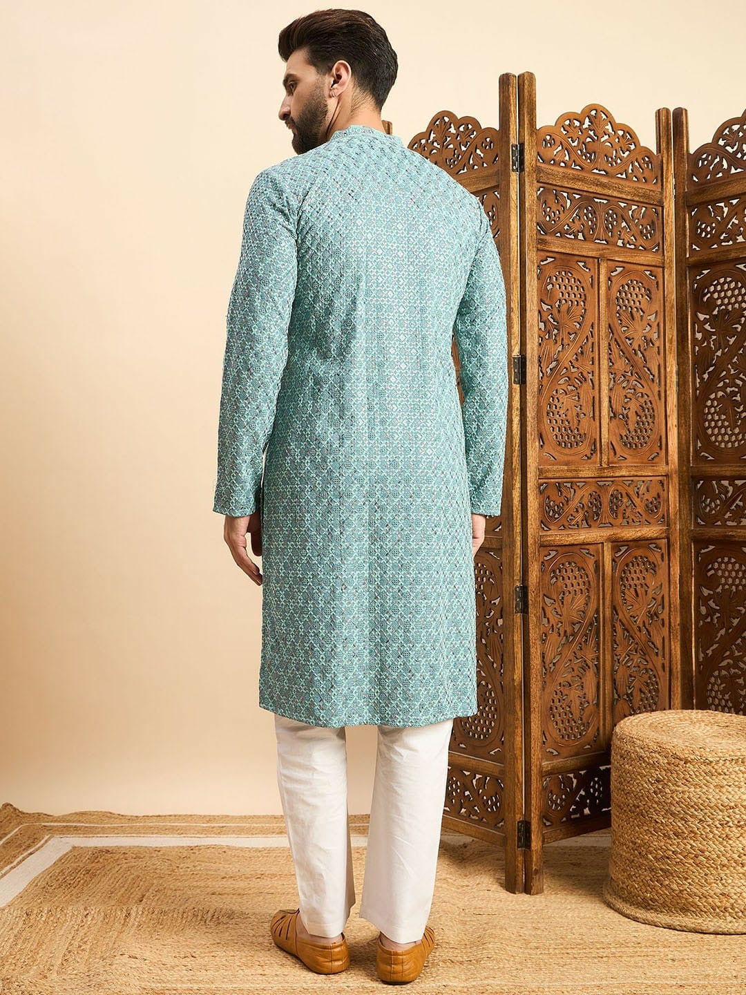 Reyon with Embroidery and Sequence Work Kurta For Men