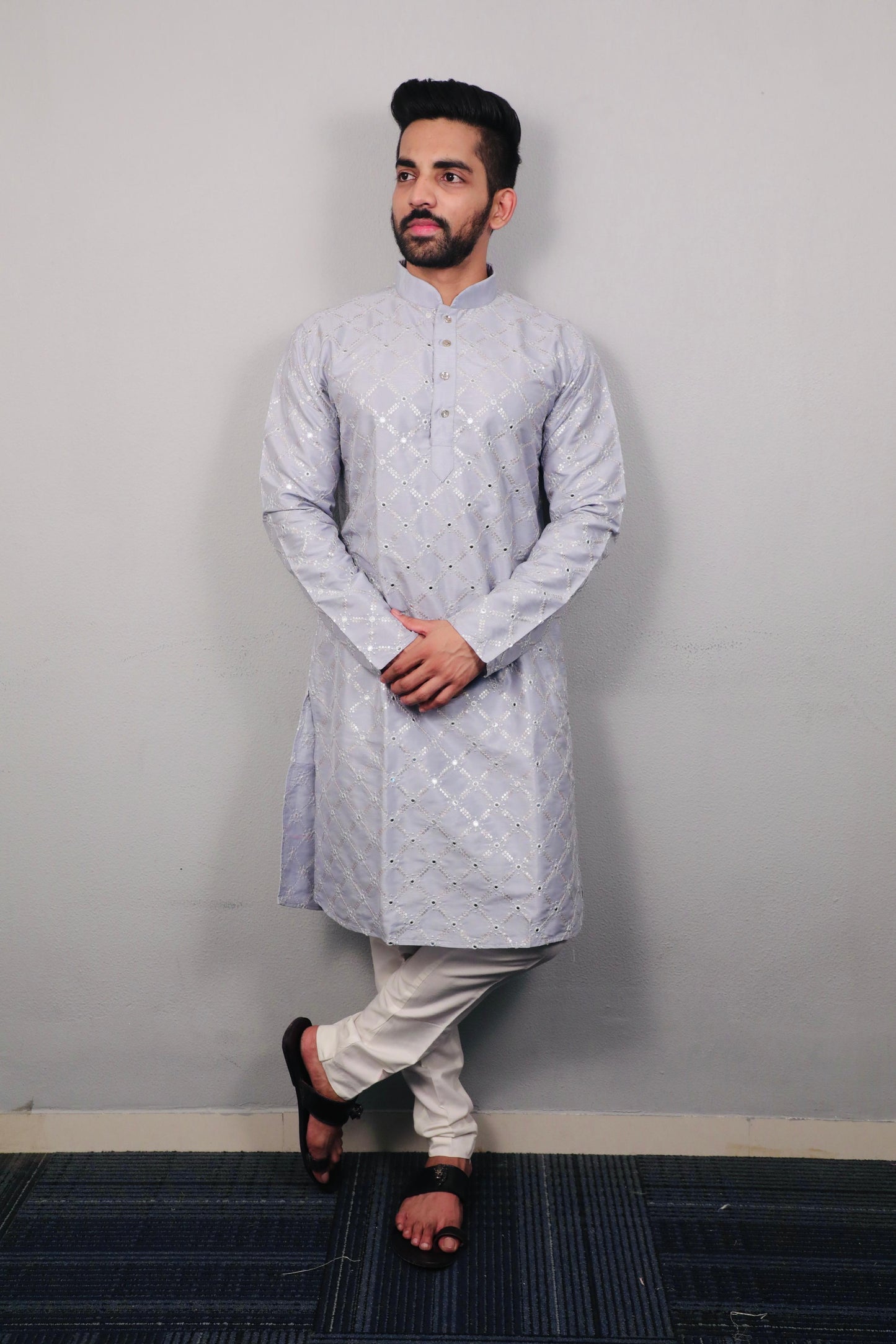 Sequins Mirror Embroidery Work Kurta Pajama for Men