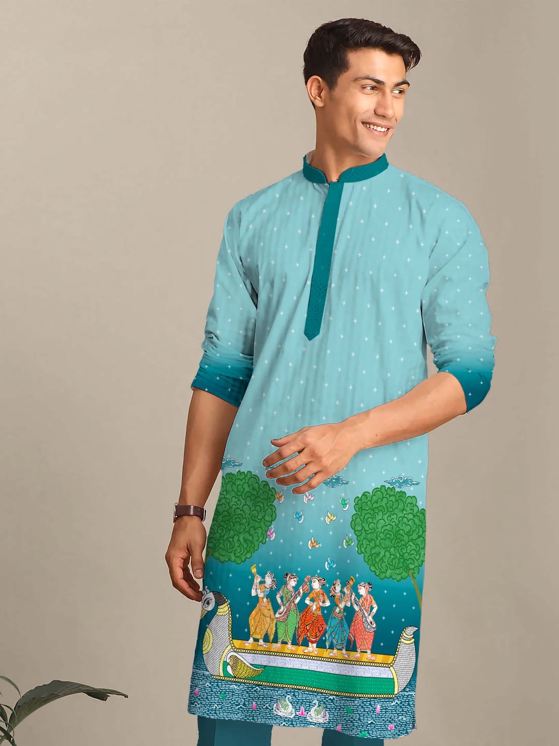 Reyon Silk Digital Print Kurta For Men