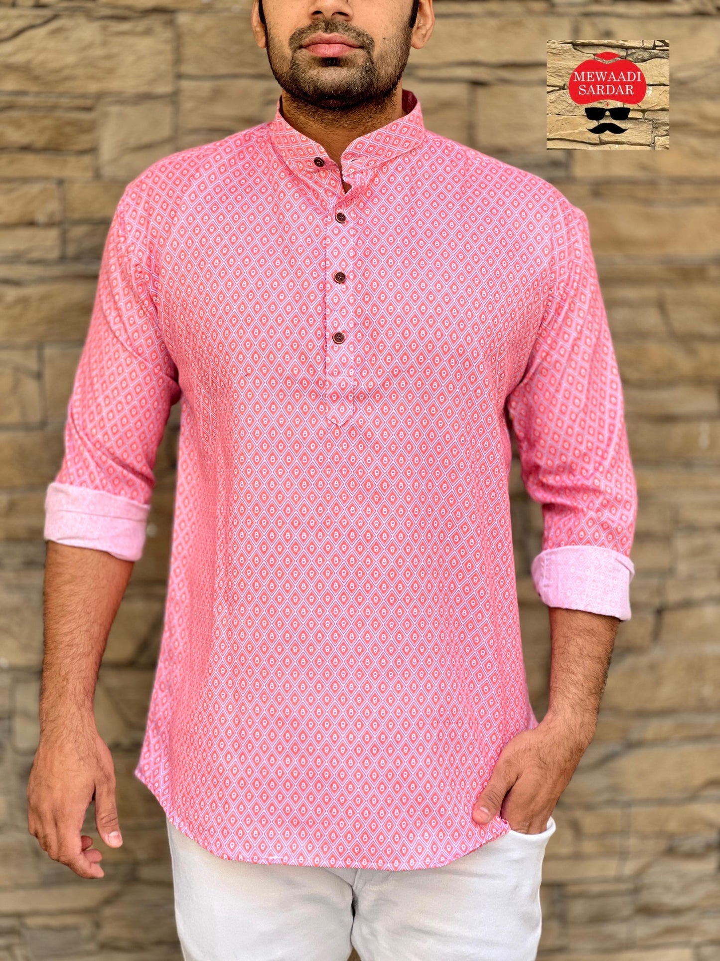 Leo Pink Cotton Printed Short Kurta for Men