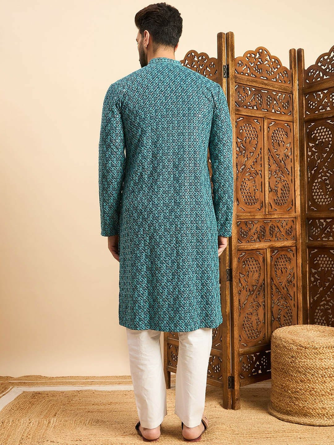 Torquoise Blue Color Reyon with Embroidery and Sequence Work Kurta For Men