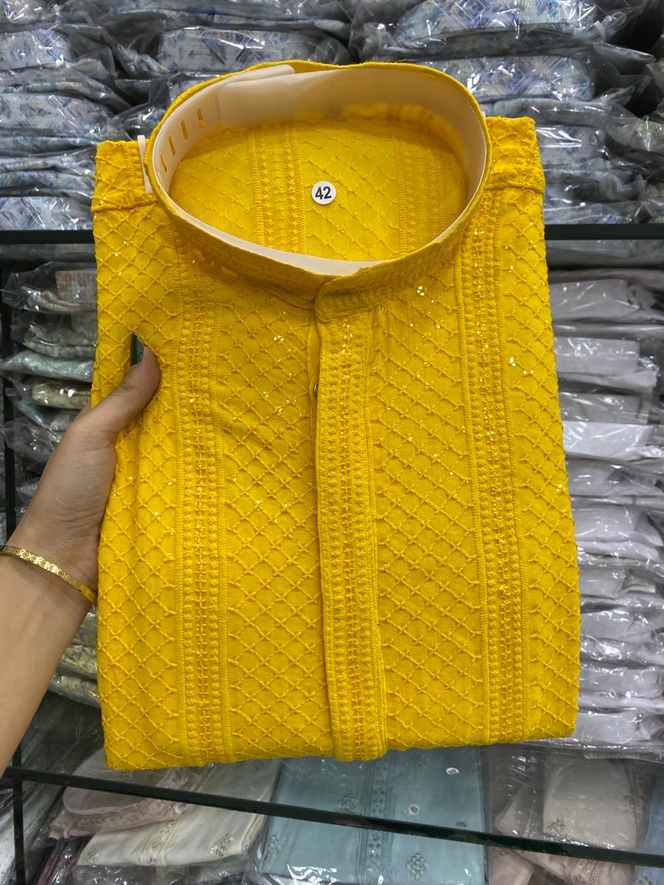 Reyon Sequence Lucknowi Work Kurta For Men
