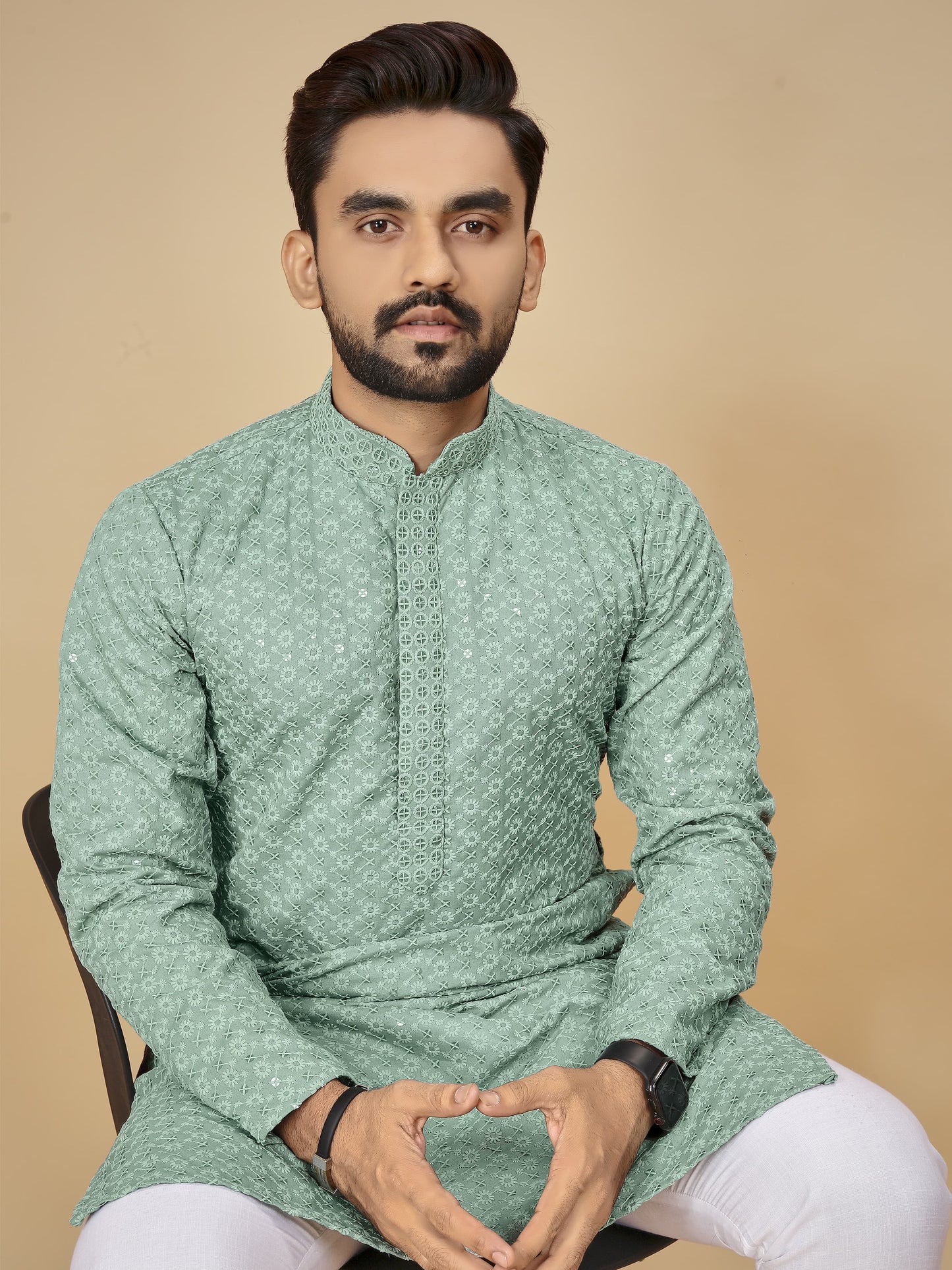 Lucknowi Sequence Work Kurta Pyjama For Men