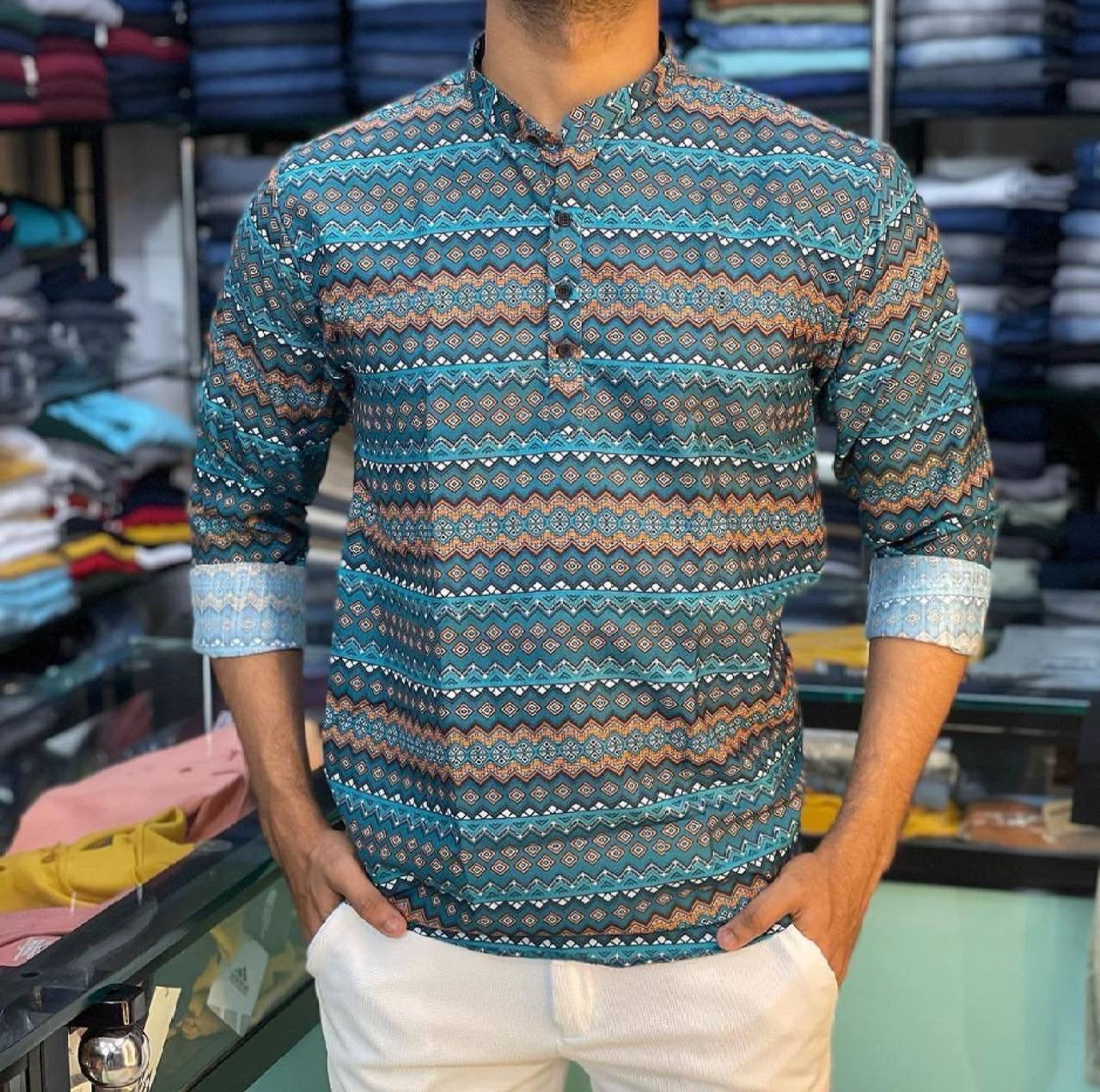 Blue Printed Short Kurta for men
