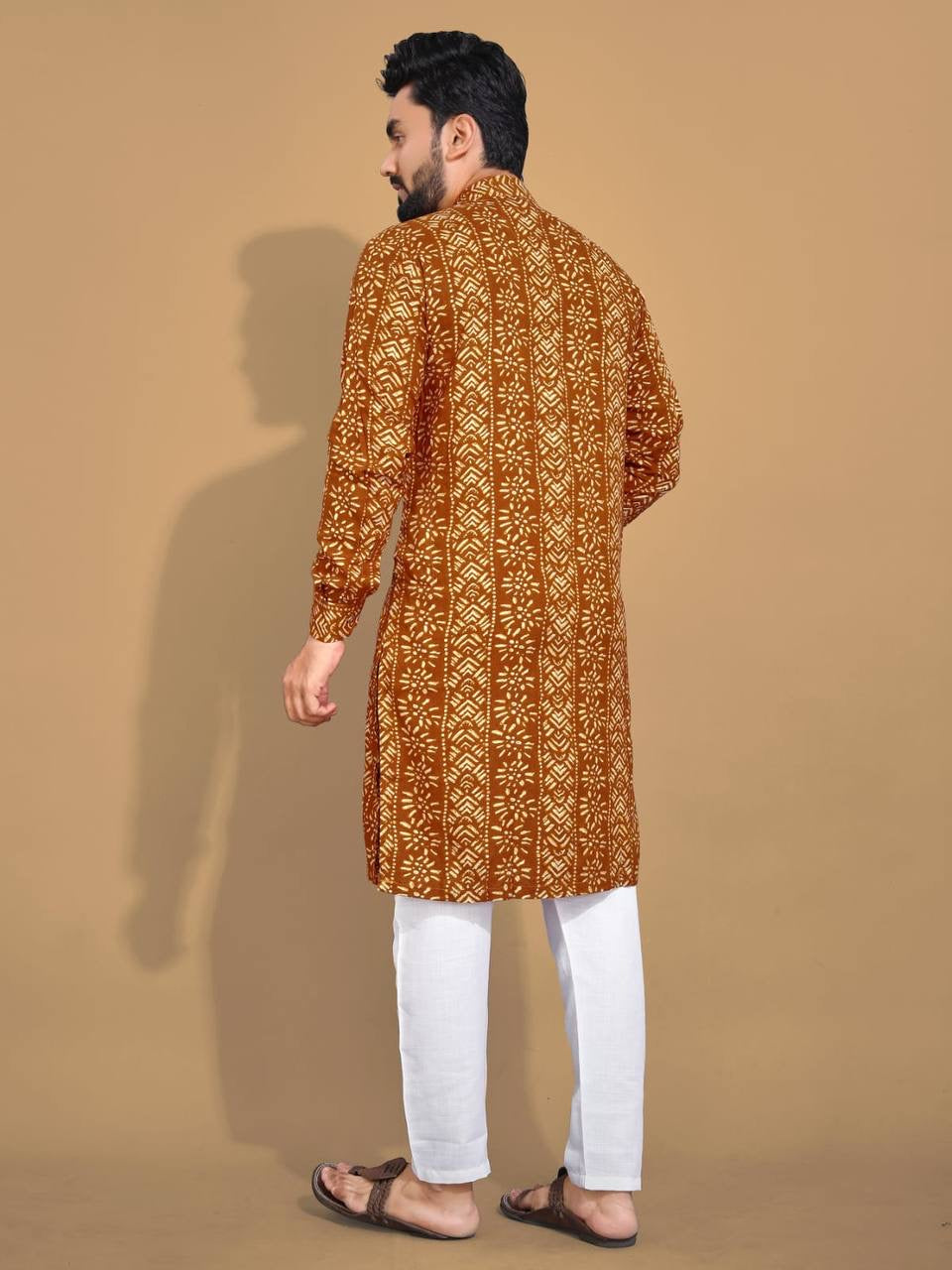 Mustard Color Cotton Foil Print Kurta Pajama For Men