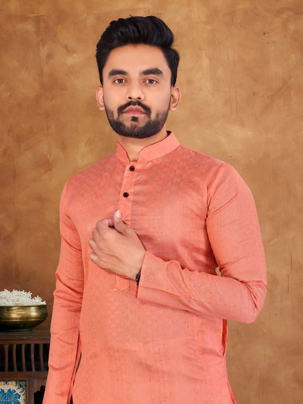 Jequard Weaving Sequence Cotton Kurta Pyjama For Men