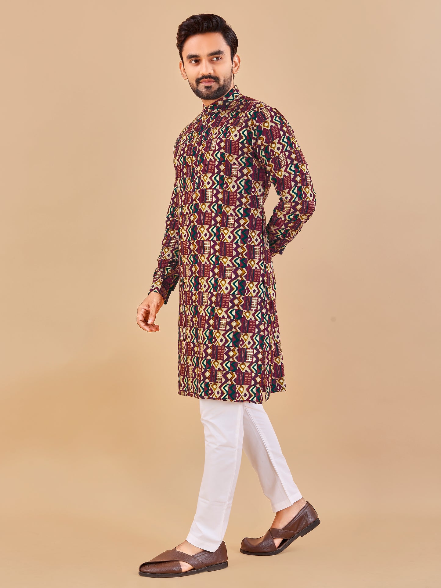 Manzar Maroon Cotton Foil Printed Kurta Pajama for Men