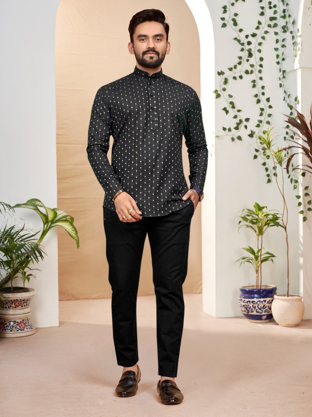 Black Color Cotton Short Kurta Shirt For Men