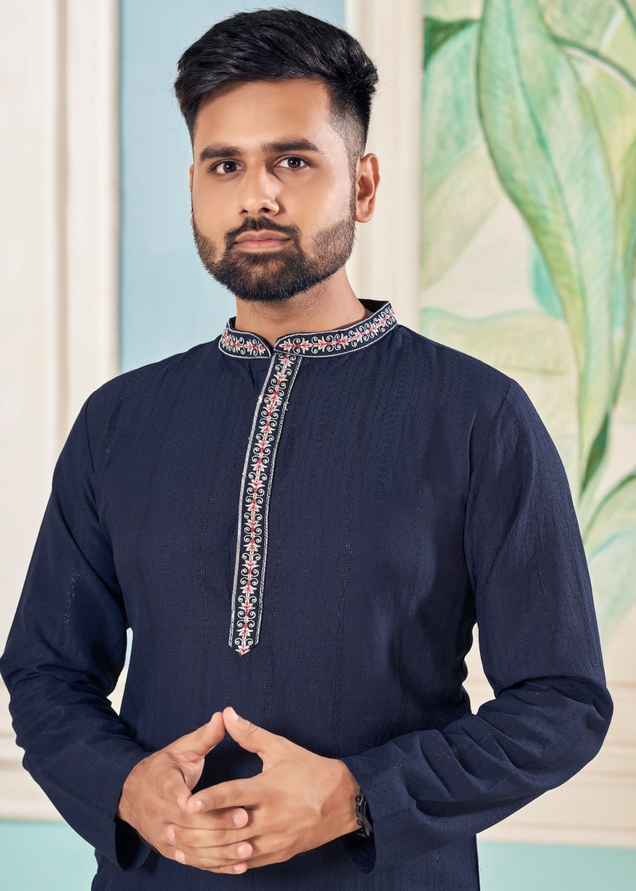 Blue Viscose Weaving Stripe With Embroidery Work & Stylish Pettern With Pocket & Exclusive Button Kurta For Men