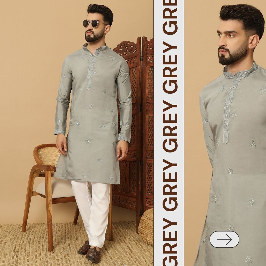 Cotton Blend with Embroidery Work Kurta For Men
