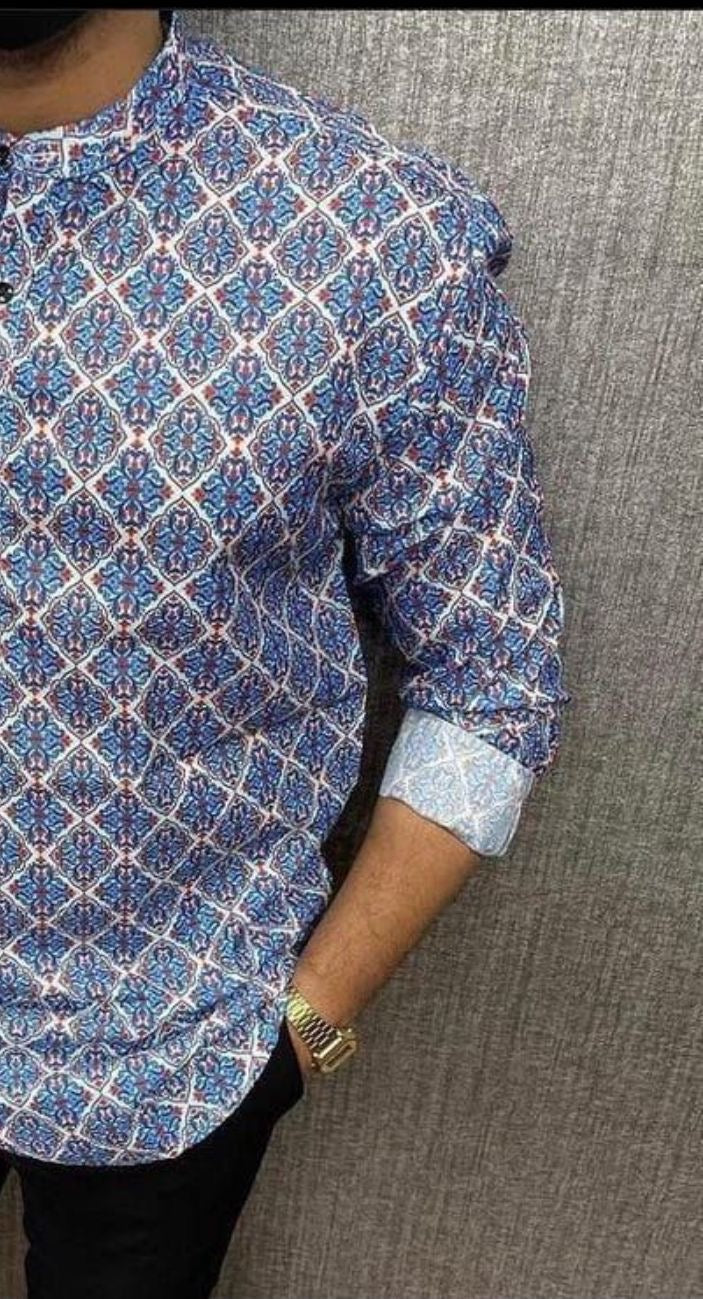 Blue Printed Short Kurta Shirt For Men