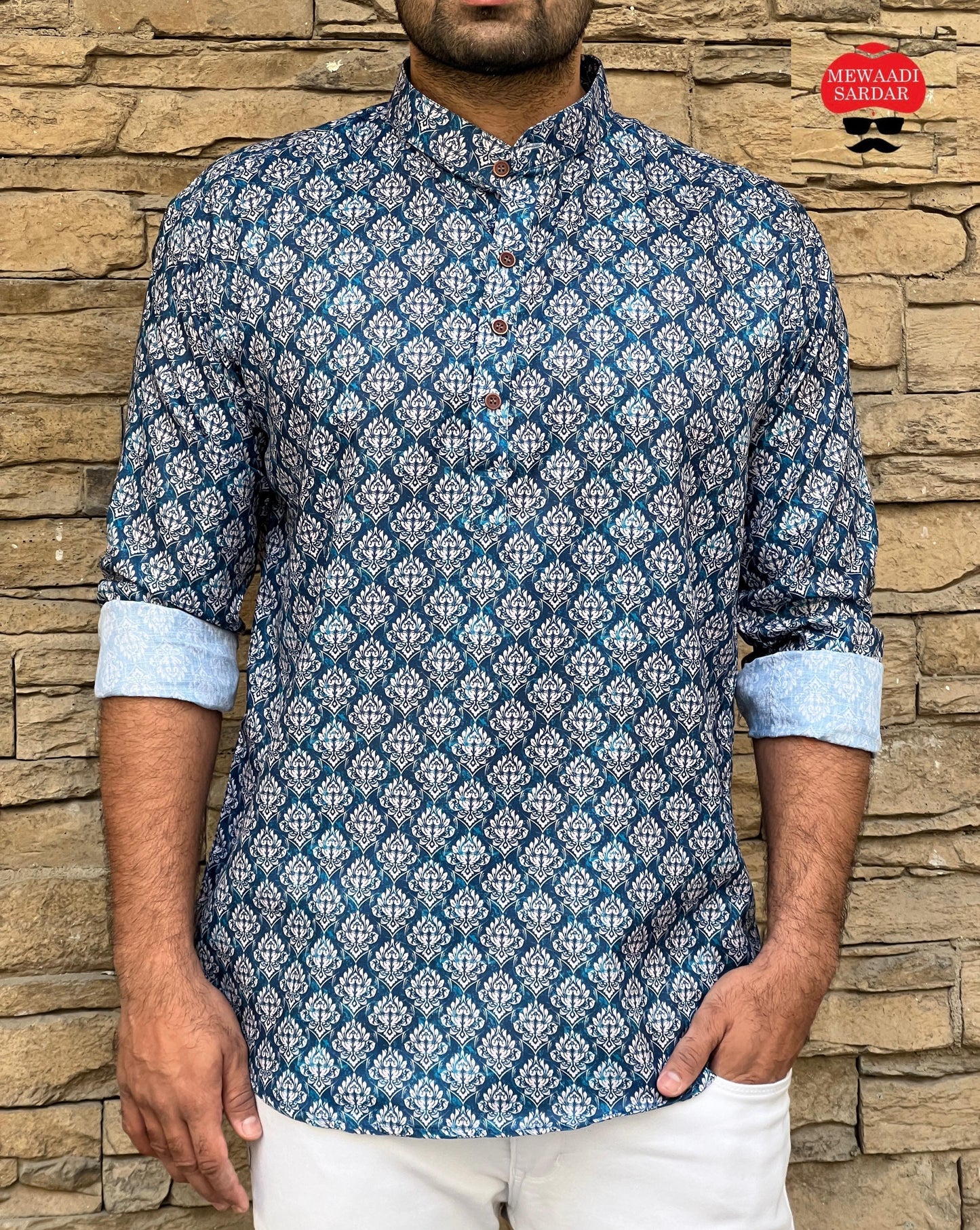 Leo Blue Cotton Printed Short Kurta for Men