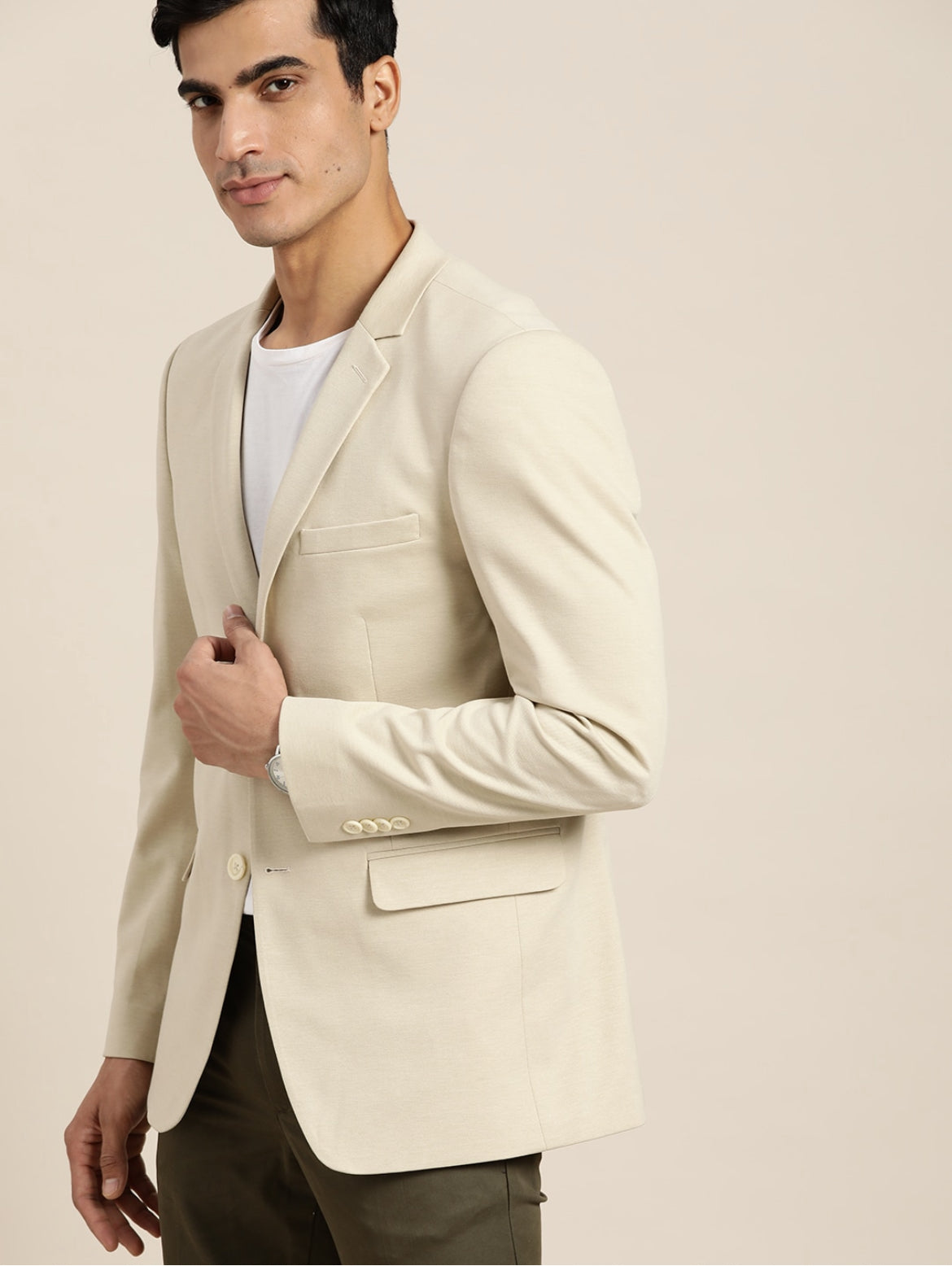 Men Grey Cream Coloured Solid Single Breasted Slim fit Smart Casual Blazer