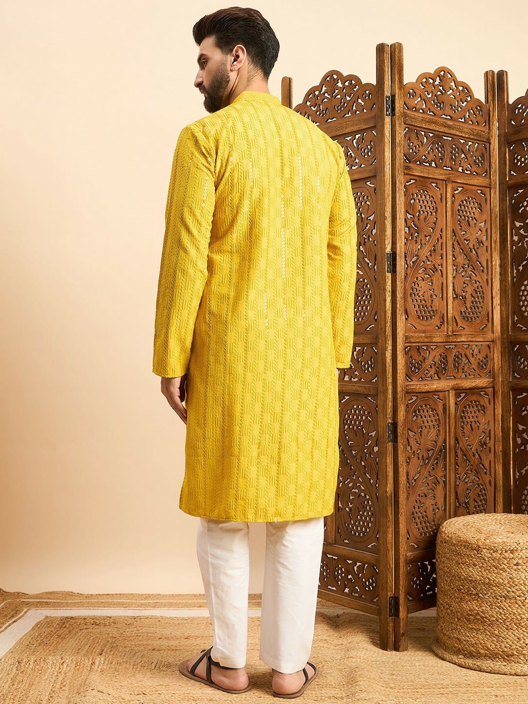 Yellow Color Reyon with Embroidery and Sequence Work Kurta For Men