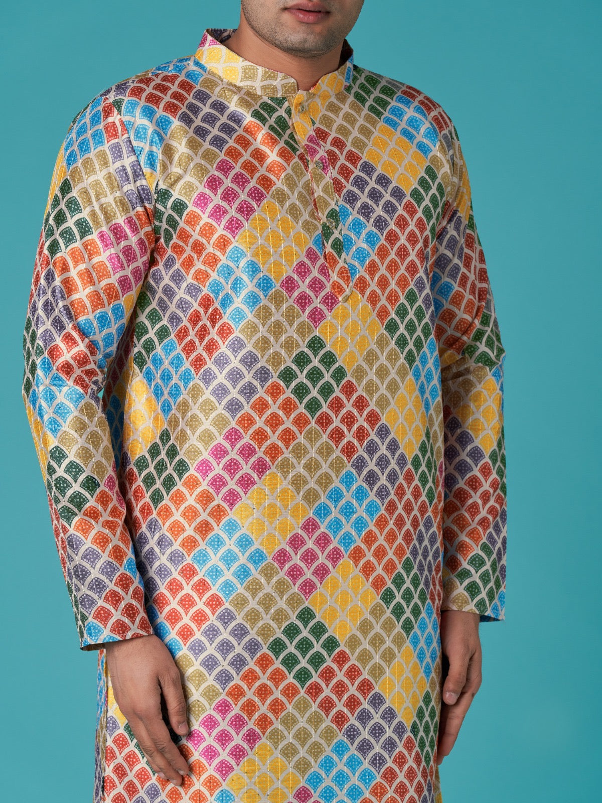 Trendy Printed Sequins Kurta Pyjama For Men