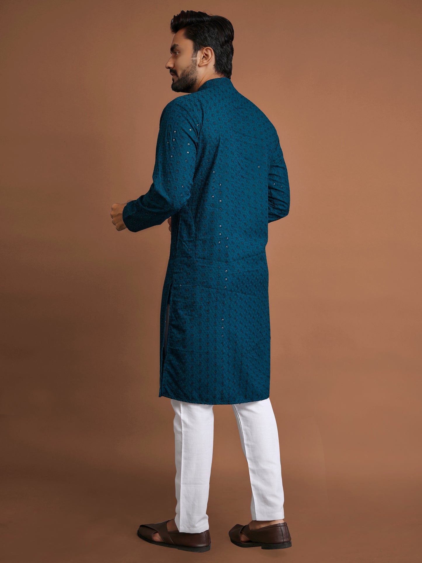 Manyawar Rama Embroidery Sequence Kurta Pajama for Men