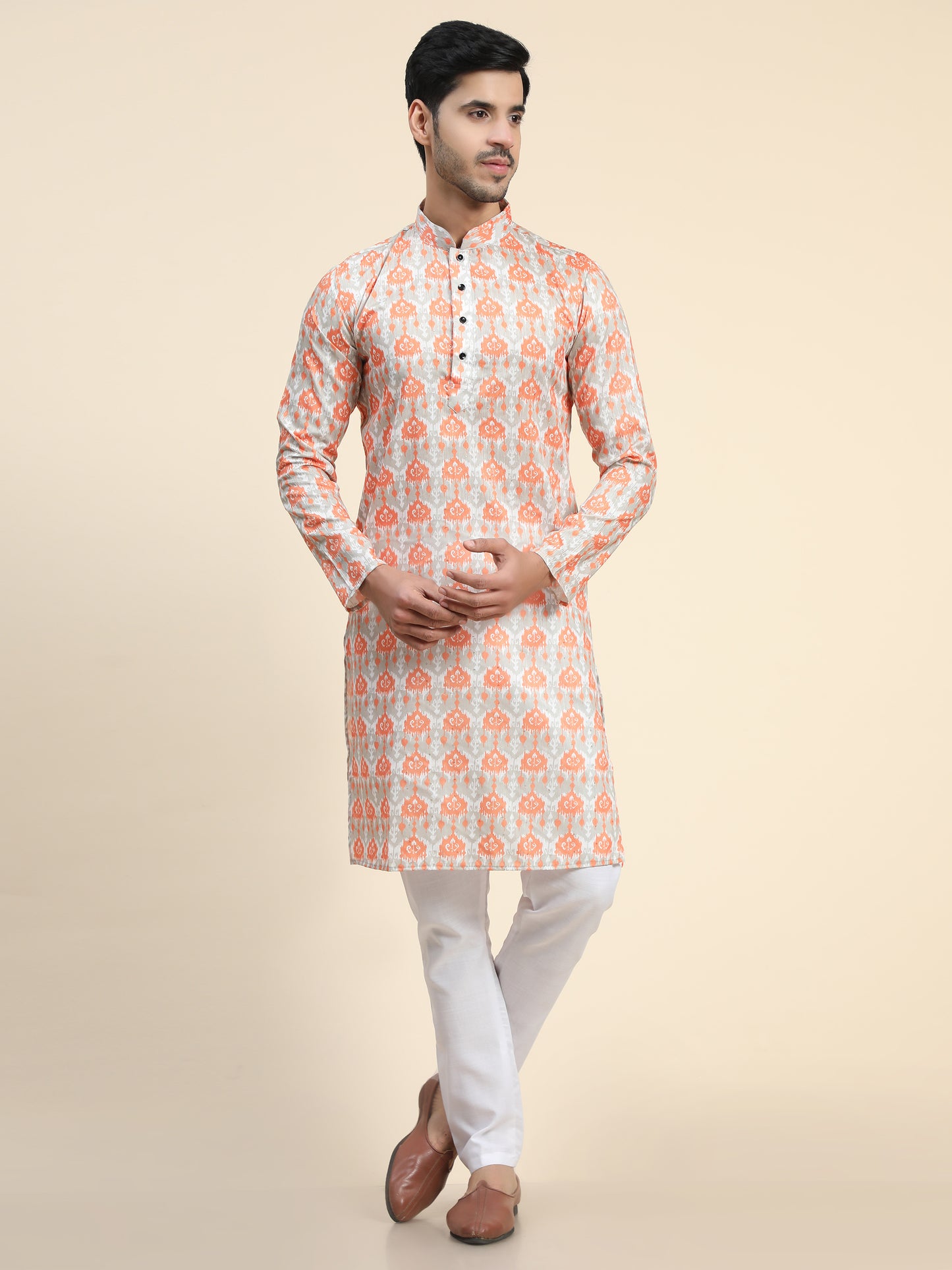 Orange peach Digital Printed Kurta pajama for Men