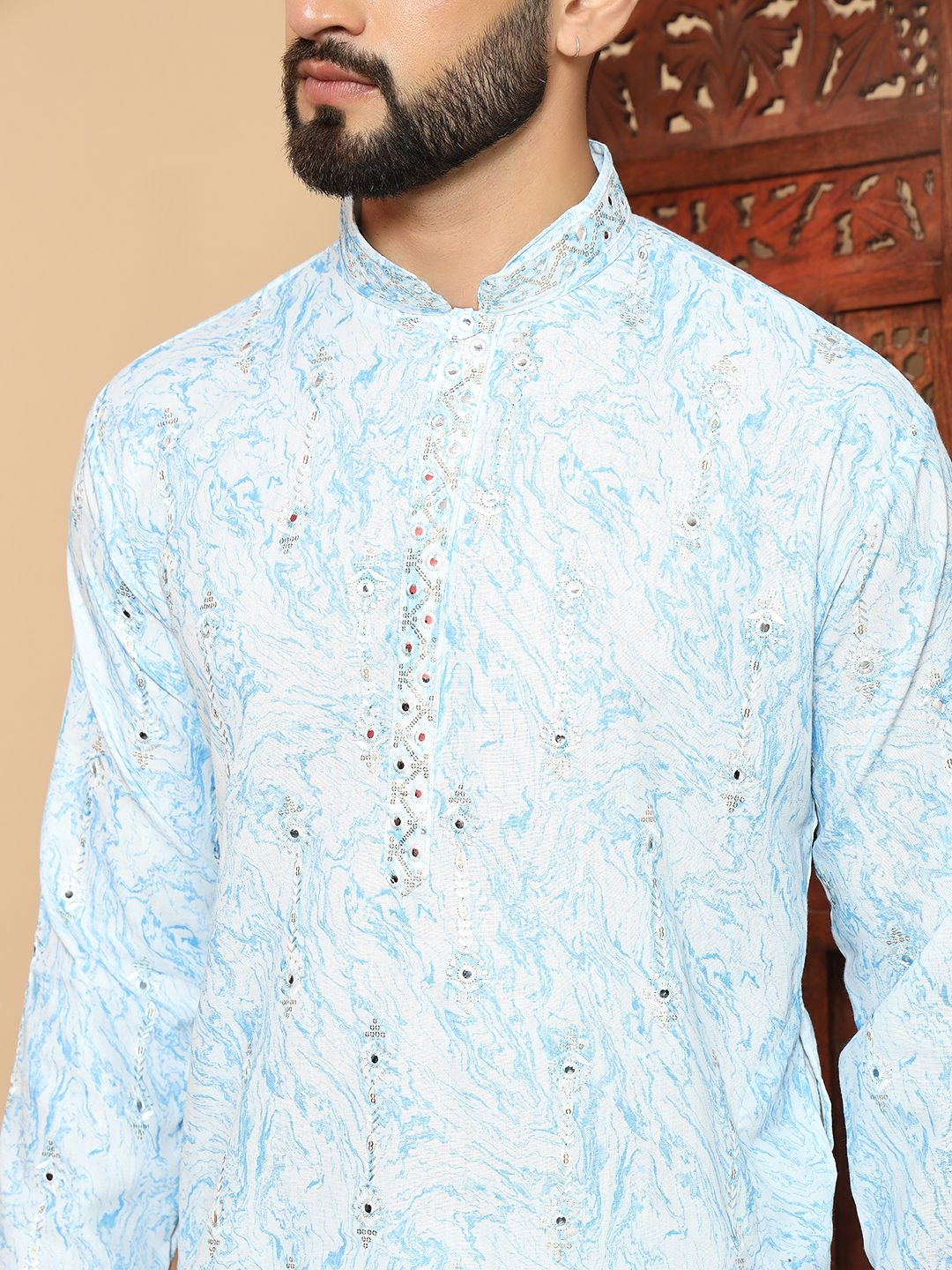 Sky Blue Linen Cotton Printed With Embroidery Work Kurta For Men