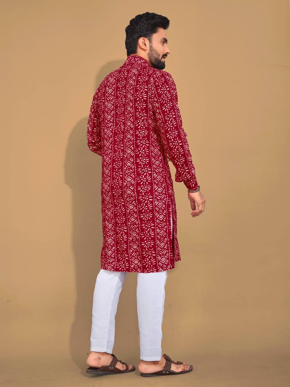 Dark Pink Color Cotton Foil Print Kurta pyjama For Men