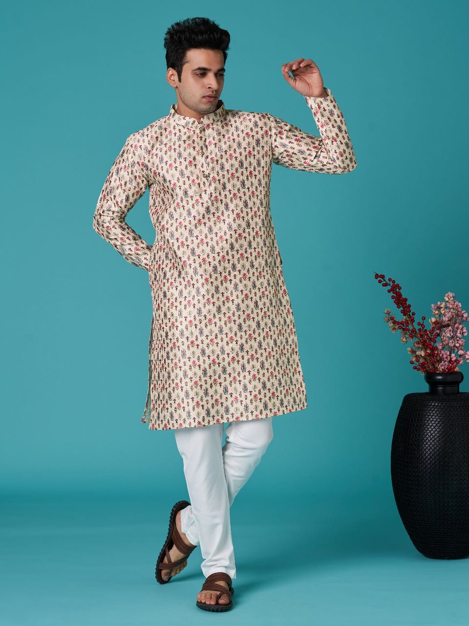 Trendy Printed Sequins Kurta Pyjama For Men