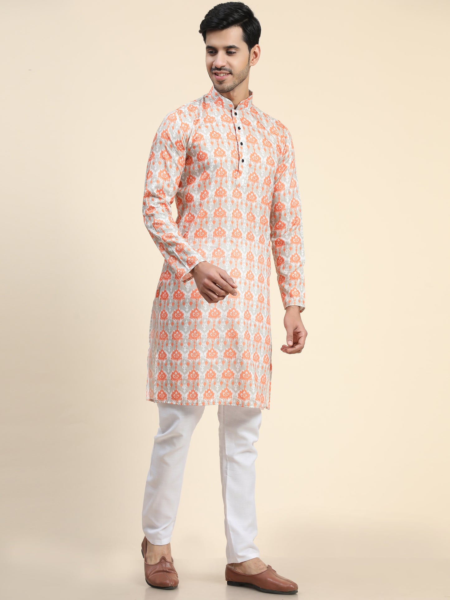 Orange peach Digital Printed Kurta pajama for Men