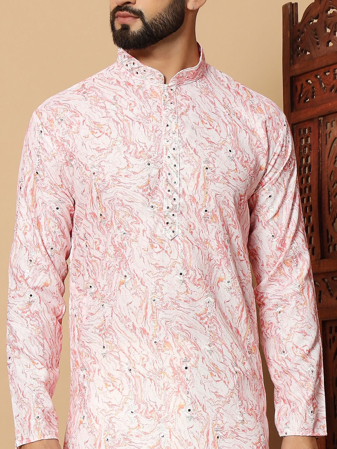 Pink Linen Cotton Printed With Embroidery Work Kurta For Men