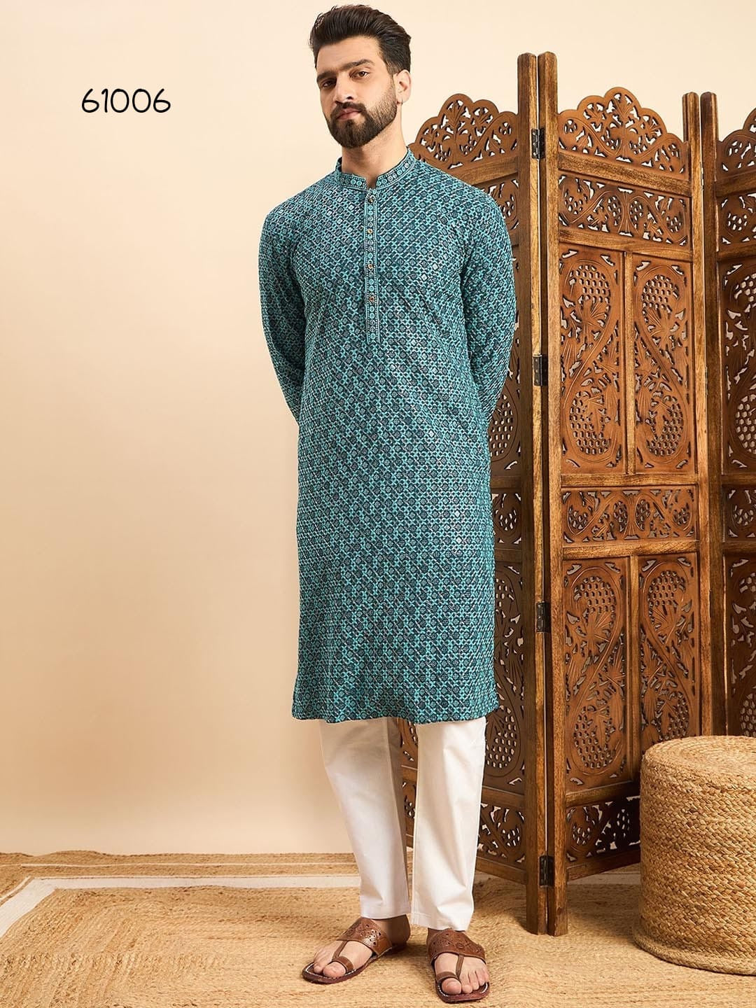 Torquoise Blue Color Reyon with Embroidery and Sequence Work Kurta For Men