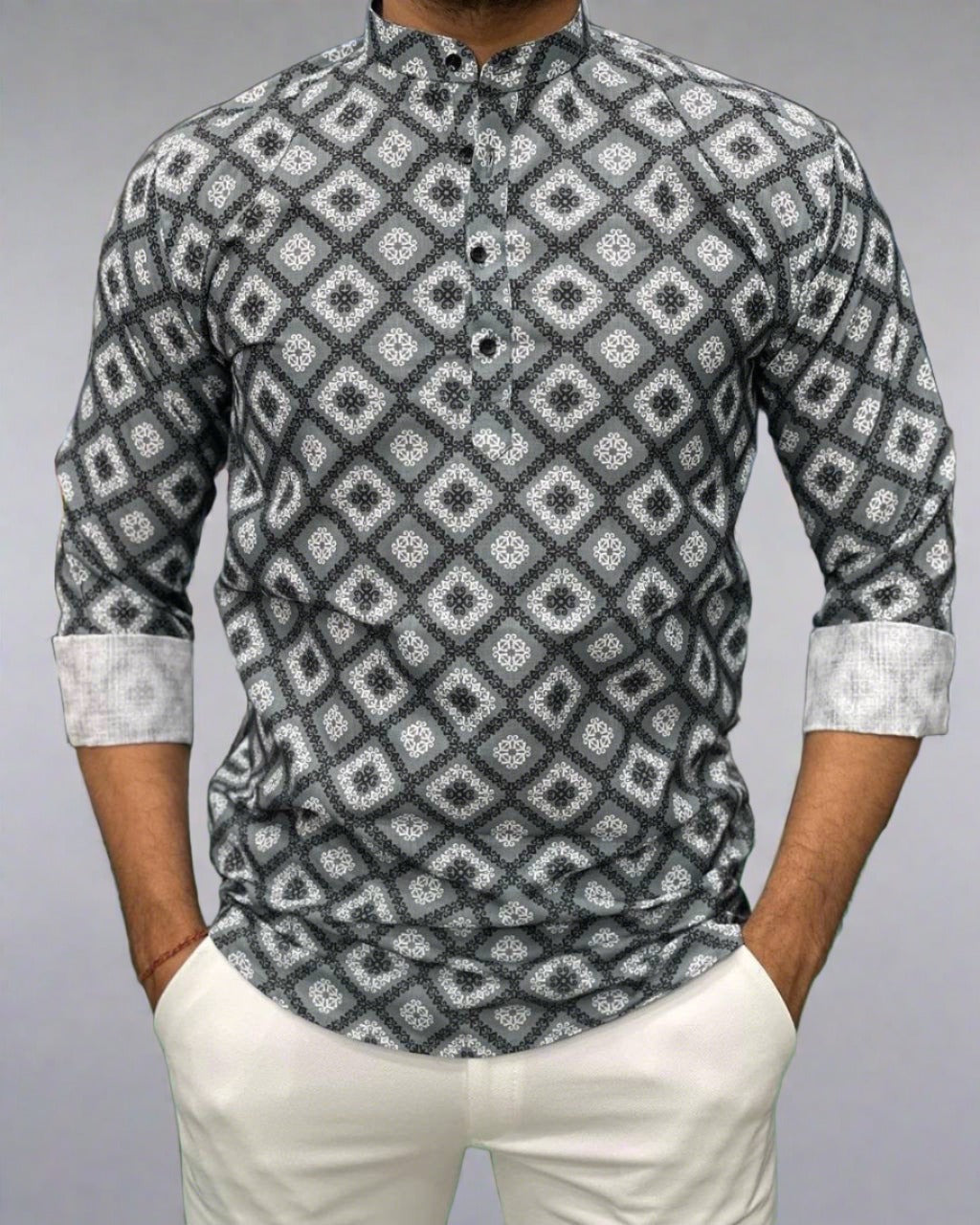 Black Printed Short Kurta for men