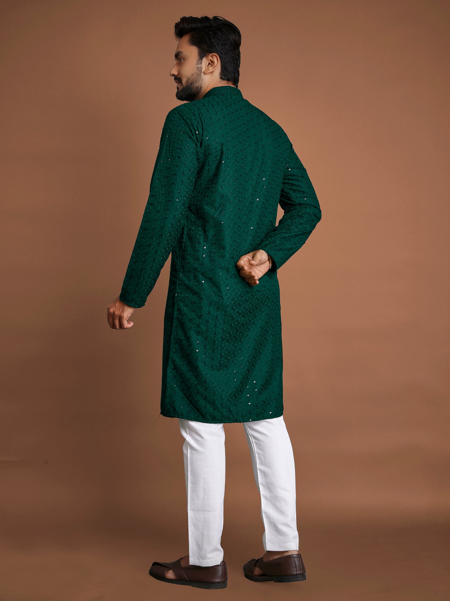 Manyawar Green Embroidery Sequence Kurta Pyjama for Men