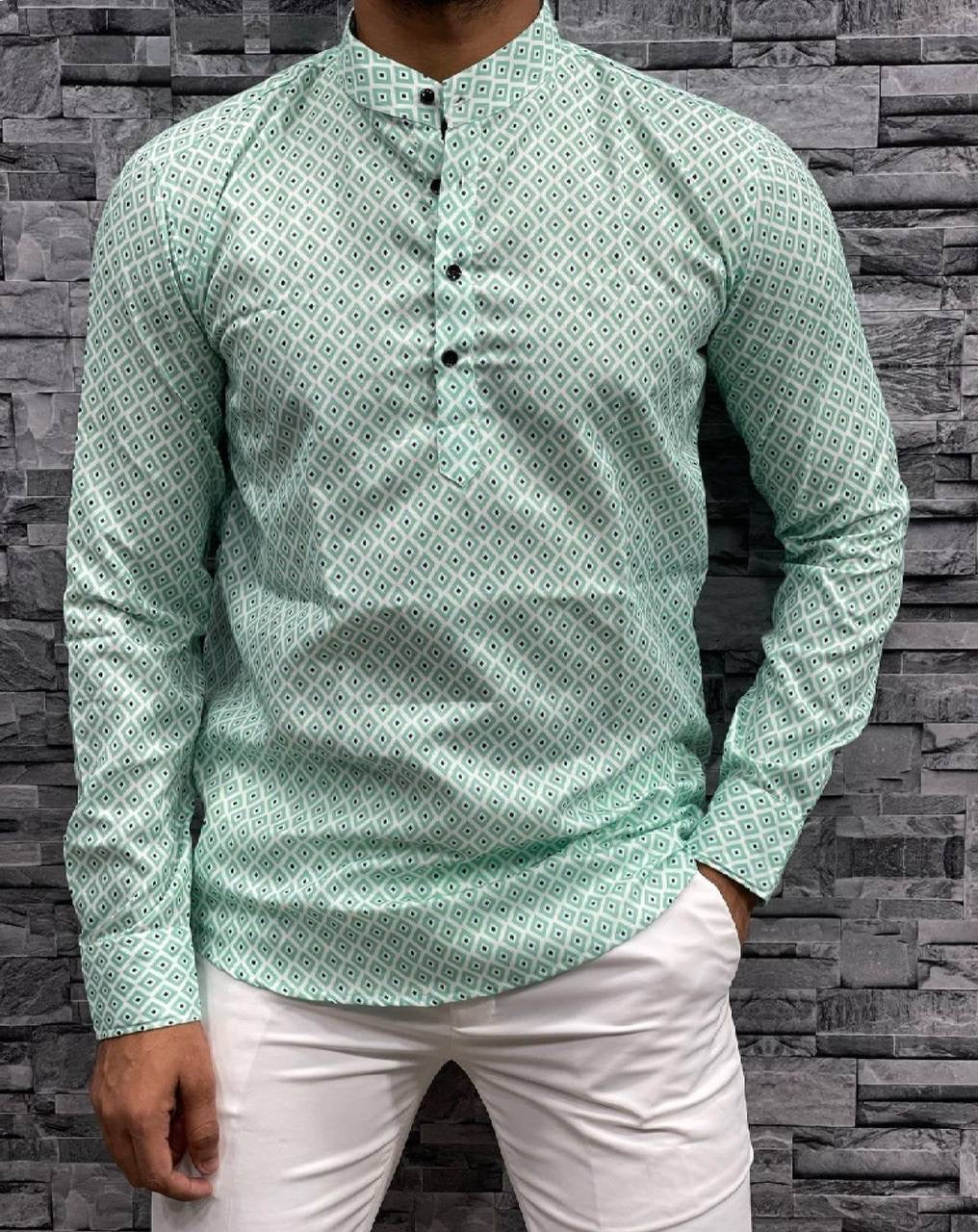 Green Printed Short Kurta for men