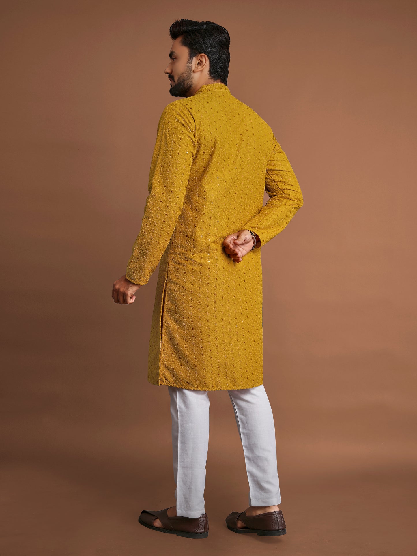 Manyawar Mustard Yellow Embroidery Sequence Kurta Pajama for Men