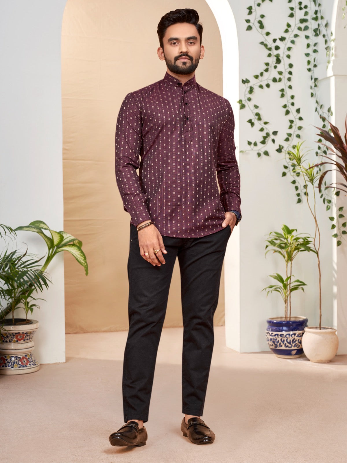 Wine Color Cotton Short Kurta Shirt For Men