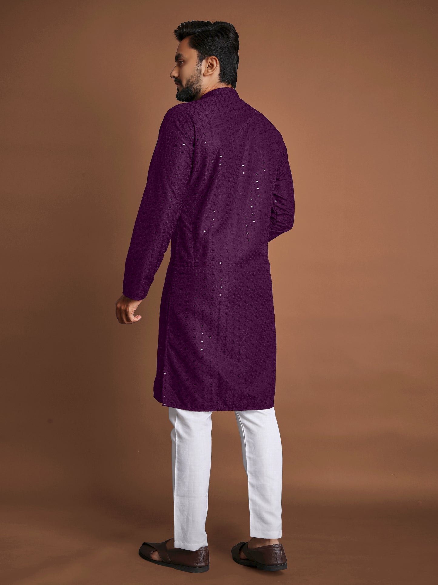 Manyawar Purple Embroidery Sequence Kurta pajama for Men
