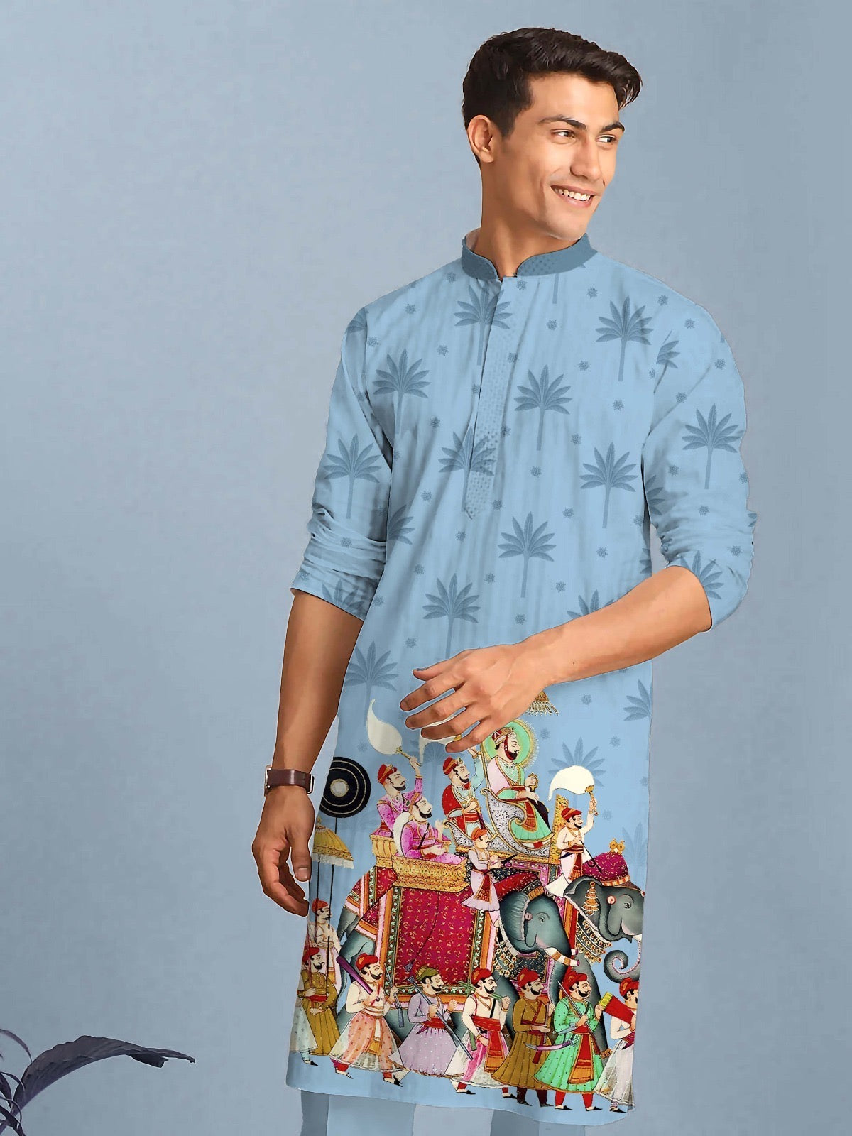Reyon Silk Digital Print Kurta For Men