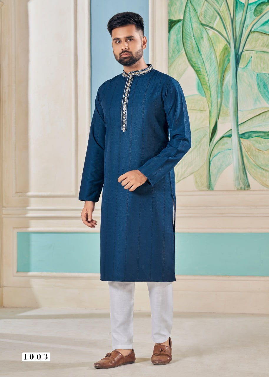 Rama Viscose Weaving Stripe With Embroidery Work & Stylish Pettern With Pocket & Exclusive Button Kurta For Men